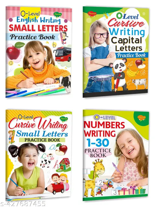 O-Level English Writing Small Letters  Cursive Writing Capital Letters  Small Letters and Numbers Writing 1–30 Practice book : Learning activity book  Writng practice book  Preschool learning book - Pack of 4 practice books.