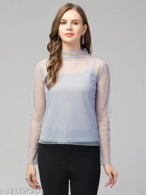 Women Girls Solid Mesh Tops & Tunics