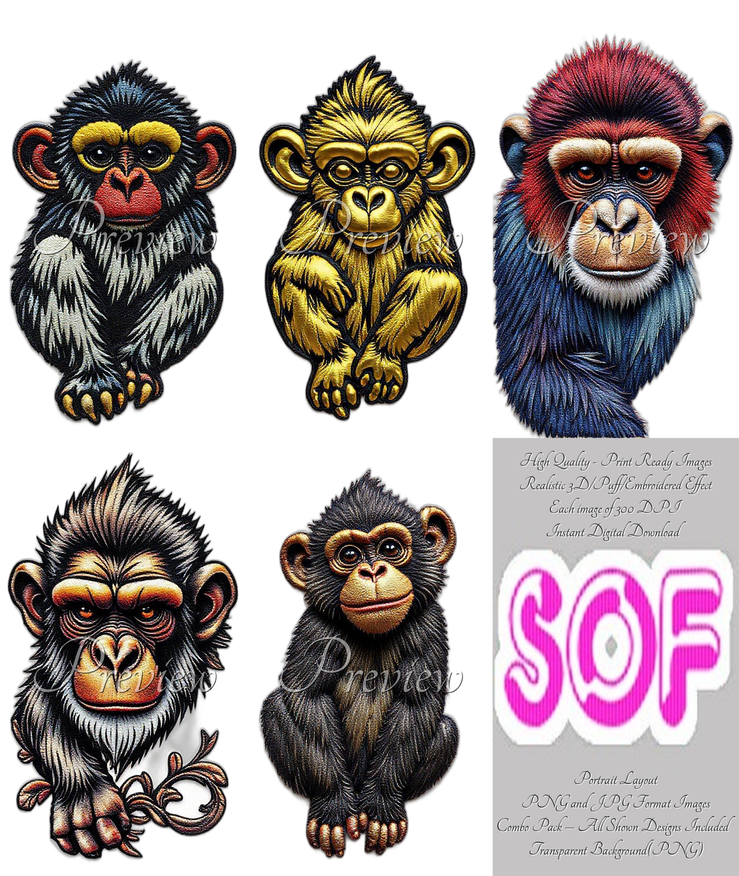 Monkey Theme Pack of 5 Digital Images – 300 DPI Printable Art