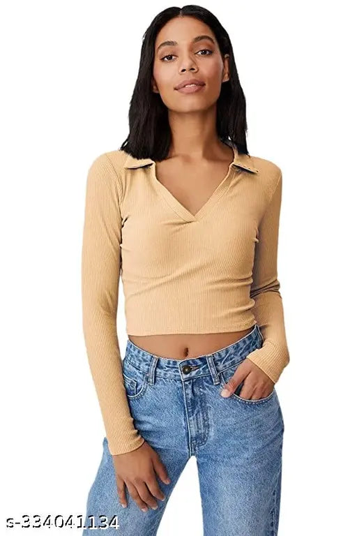 Women Sleveeless Polo Collar Ribbed Full Sleeve Solid Cotton Crop Tops & Tunics