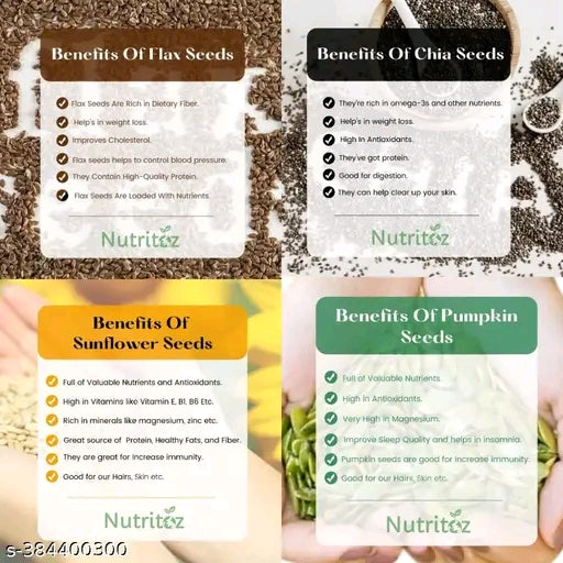 Nutritoz Combo pack 4 seeds: Chia Seeds, Flax Seeds, Pumpkin Seeds and Sunflower Seeds