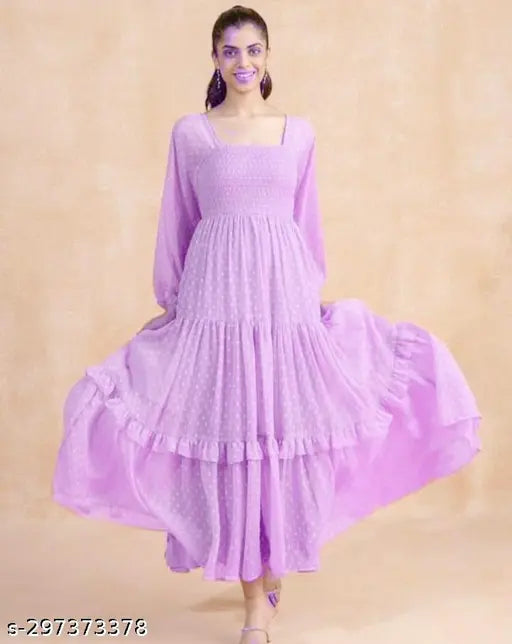 Women’s Maxi Length Smocked Chiffon Dress / Full Length Designer Dress for Girls & Women