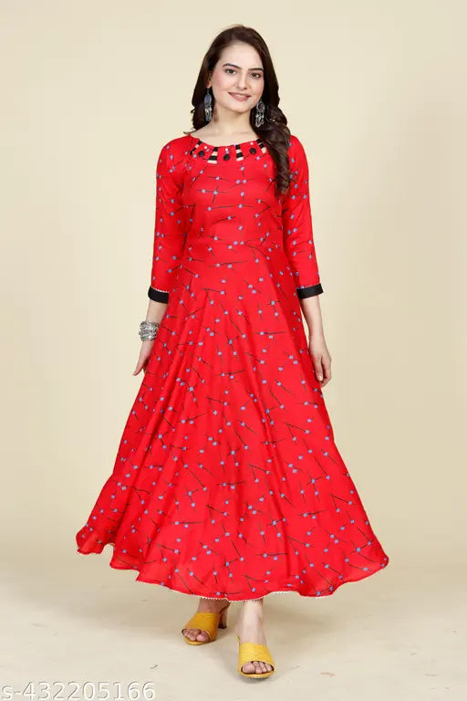 Ashima Designer Red Color Leheriya Print Round Neck Premium Rayon Fashionable Pattern Anarkali Flared Gown