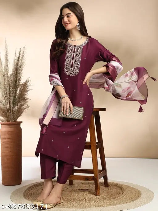 Women's Embroidered Kurta & Pant with Dupatta Set