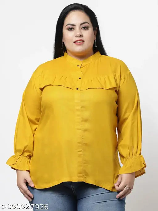 FAZZN Plus Size Yellow Rayon High Neck Full Sleeves Solid Top