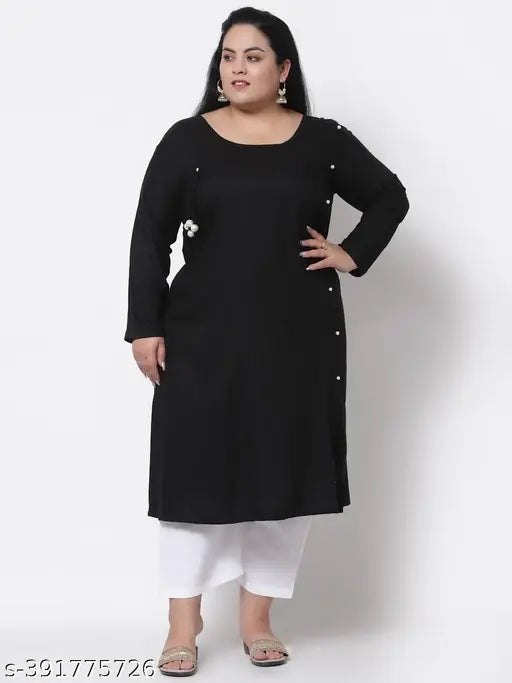 FAZZN Plus Size Black Rayon Knee Length Straight Round Neck Solid Full Sleeve Kurti with Customization