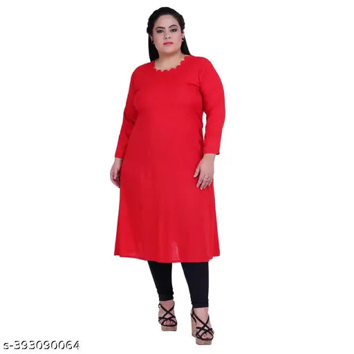 FAZZN Plus Size Customizable Knee Length Red Rayon Kurti with A-Line Fit and Round Neck