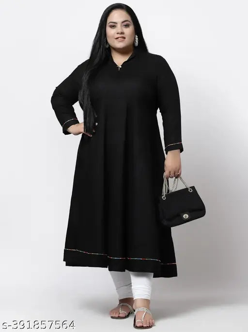 FAZZN Plus Size Rayon Ankle Length Straight Kurti with V Neck (Black)