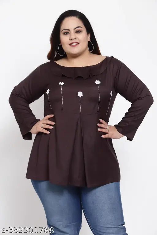 FAZZN Plus-Size Customizable Boat Neck Full Sleeves Brown Rayon Top
