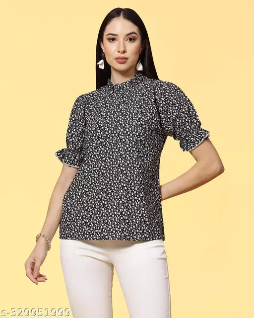 Printed Crepe Black Regular Top