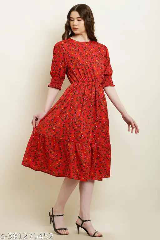 Red Floral Printed Crepe Dress for Women - Women's Flroal Crepe Tiered & Smocked Maxi Dress Fit & Flared V Neck 3/4 Puff Sleeve Summer Wear One Piece Girls Dress Western Party Casual Wear Outfits for Ladies