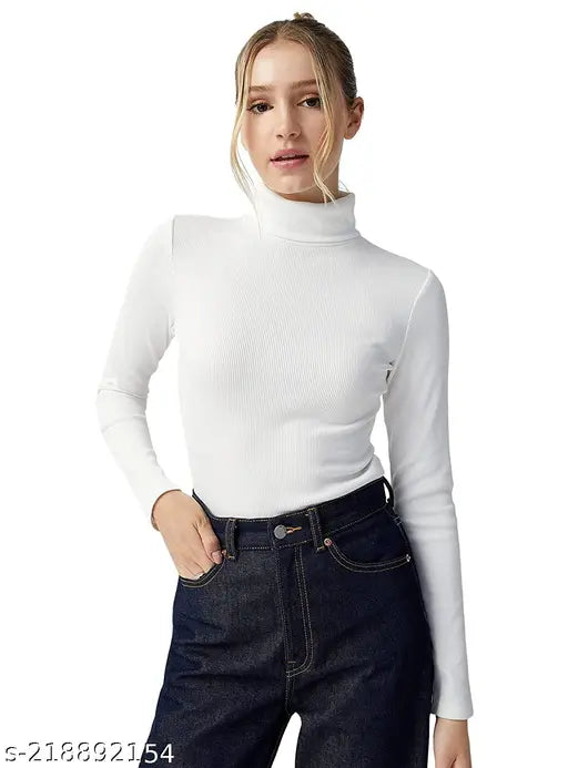 Women Casual Wear High Neck Full Sleeve Cotton Blend Ribbed Top