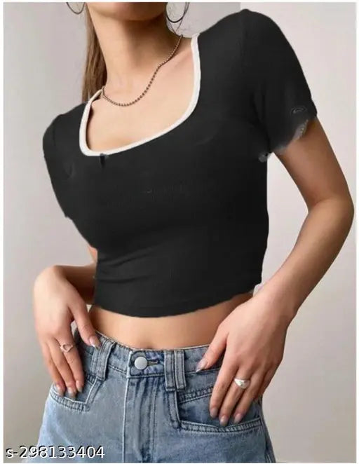 Deep Neck Short Sleeve Contrast Top