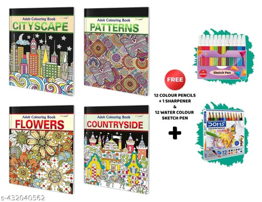 Cityscape - Adult Colouring Book  Patterns - Adult Colouring Book  Flowers - Adult Colouring Book  Countryside - Adult Colouring Book  12 WATER COLOUR SKETCH PEN and 12 COLOUR PENCILS + 1 SHARPENER