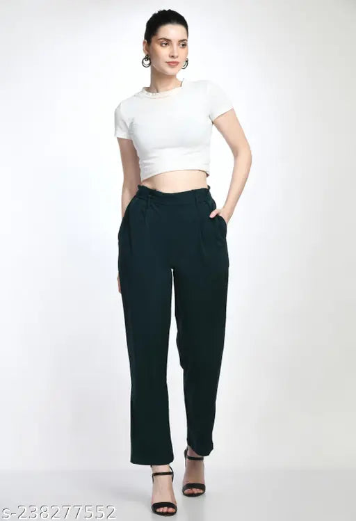 Women High Rise Paperbag Waist Solid Trouser