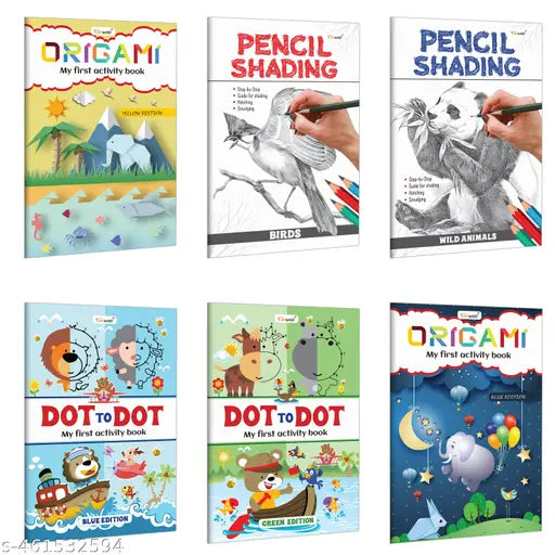 My First Activity Book - Dot to Dot and Origami (Blue and Green Edition)  Pencil Shading - Birds and Wild Animals : Origami activity book  Children's Drawing and Shading Books - Pack of 6 books