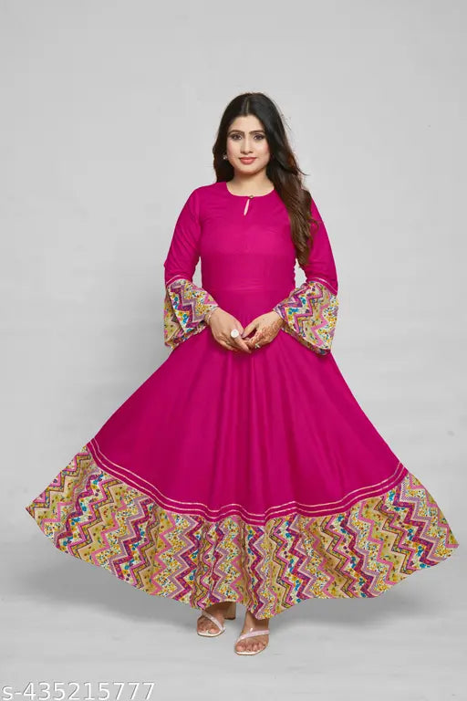 Ashima Designer Pink Color Solid Print Ballon Sleeves Frill Designer Rayon Flared Kurti