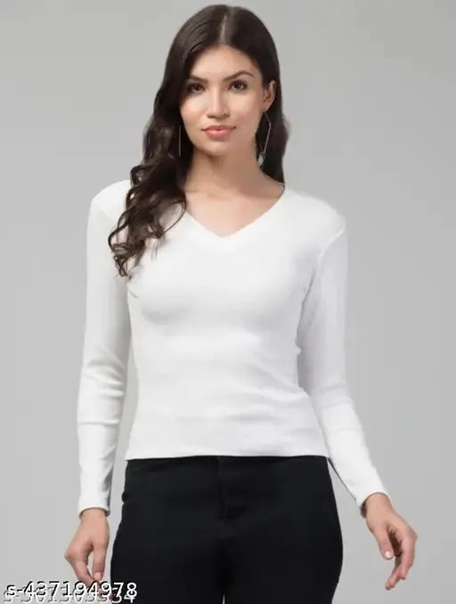 Women's T-Shirt Women Solid V Neck Cotton Blend White T-Shirt