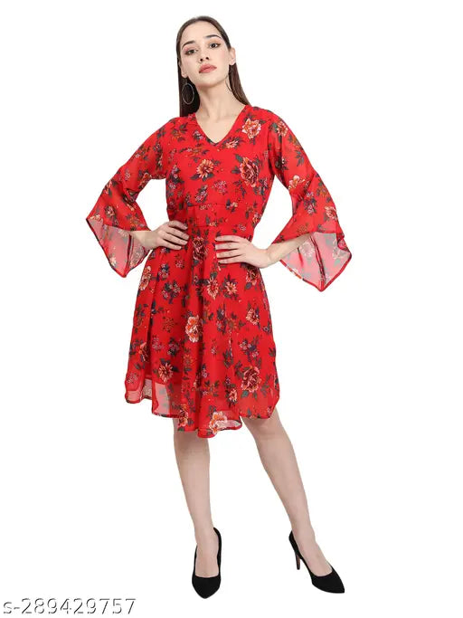 Nature Craft Women Red Georgeot V-neck Floral Print A-Line Dress