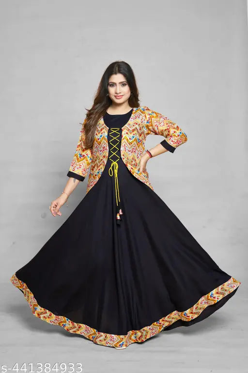 Ashima Designer Black Color Premium Rayon Kurti With Matching Koti Tussle And Tie Design