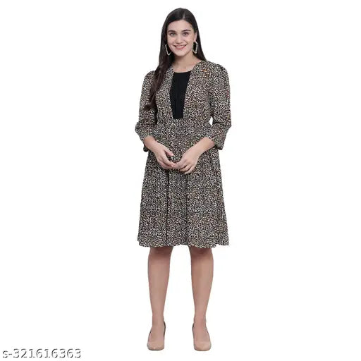 Nature Craft White Poly Crepe Chita Printed 3/4th Women A-Line Dress