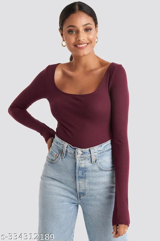 Women Casual Wear Deep Round Neck Full Sleeve Cotton Blend Ribbed Top for women and girls
