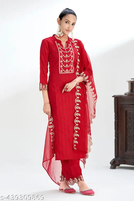 Women's Chinon Kurta & Pant With Dupatta Set