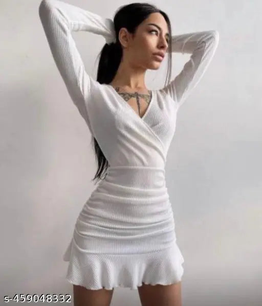 Ribbed Midi Dresses for Women V Neck Clothes Long Sleeve Ruffles Bodycon Dresses Autumn ..white