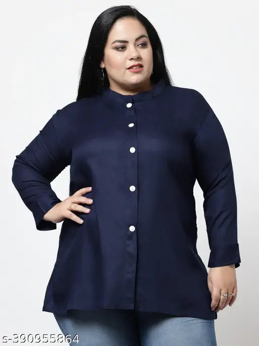 FAZZN Plus Size Blue Rayon High Neck Full Sleeves Solid Top