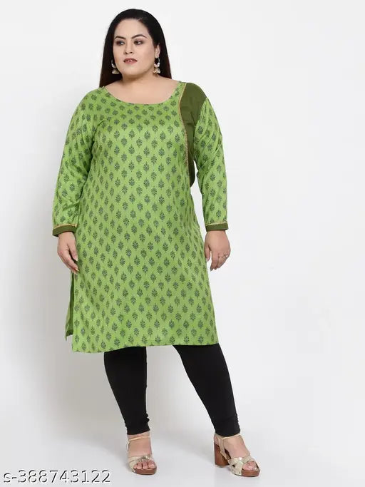 FAZZN Plus Size and Green A-Line Knee Length Rayon Kurti with Round Neck and Screen Printed / Foil Print Three Quarter Sleeves