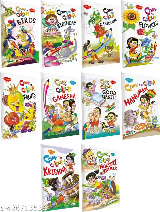 Birds  Birthday  Cartoons  Flowers  Fruits  Ganesha  Good Habits  Hanuman  Krishna and Nursery rhymes colouring books for kids : Copy colouring book  Kids fun learning colouring book   Coloring book for preschoolers - Set of 10 colouring books