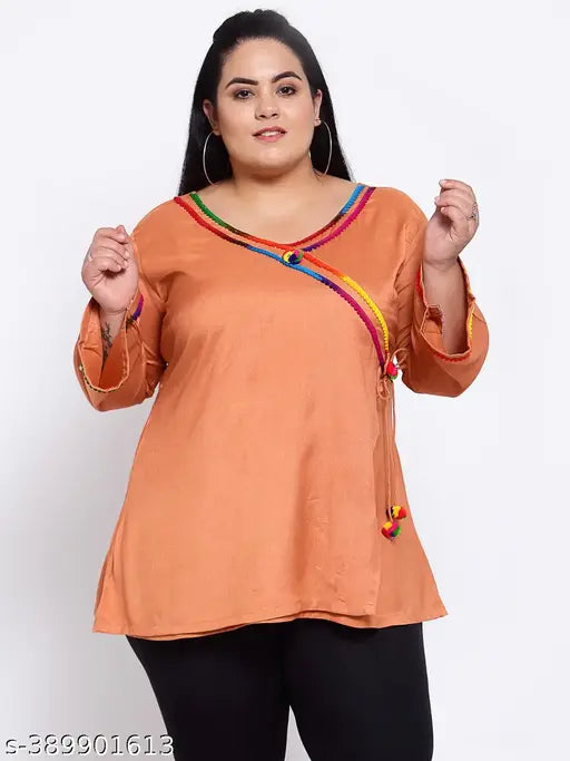 FAZZN Plus Size Brown Rayon Surplice Full Sleeves Top