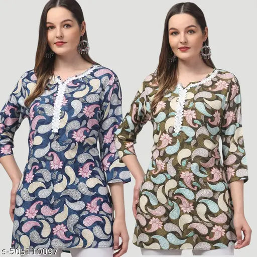 Women printed multicolou rayon embroded short kurti pack of 2