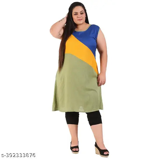 FAZZN Plus Size Customizable Knee-Length Rayon Kurti in Multicolor (Sleeveless)