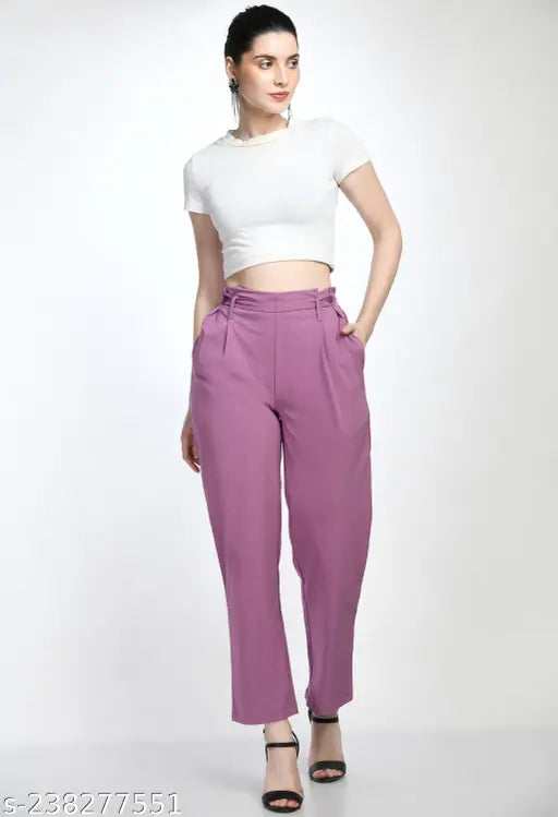 Women High Rise Paperbag Waist Solid Trouser