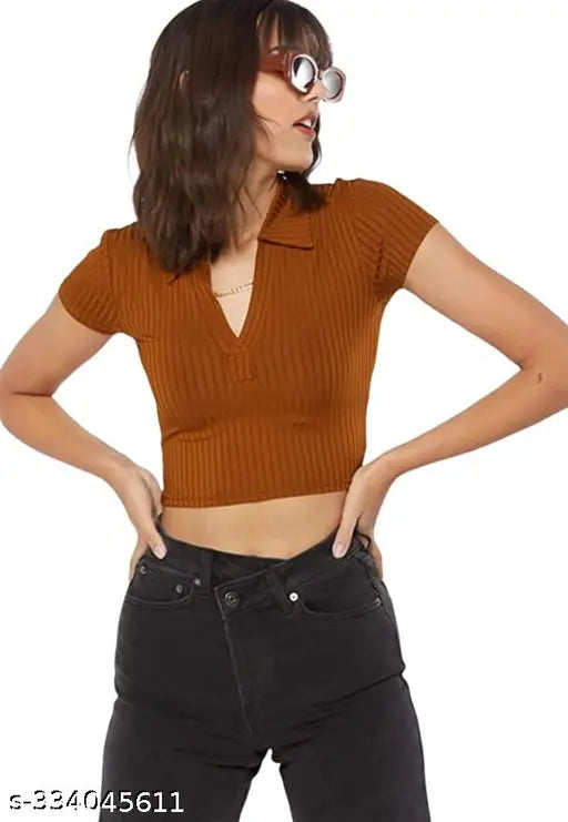 Women Casual Wear Polo Collar Neck Half Sleeve Cotton Blend Ribbed Top for girls and women
