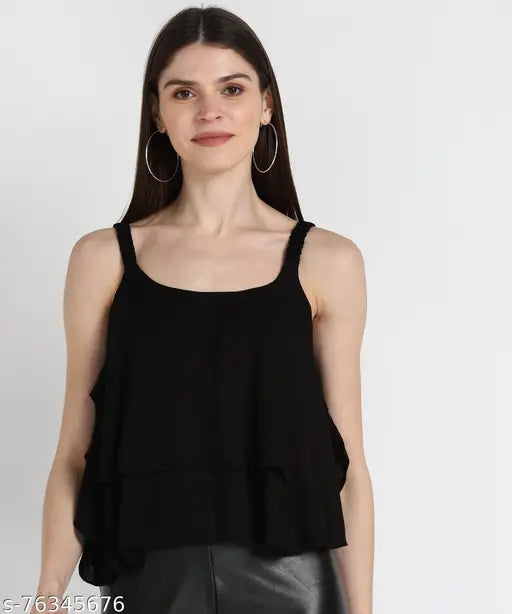 Nature Craft Solid Printed Black Colored Crepe Crop Top With Square Neck