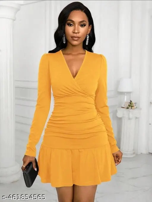 Ribbed Midi Dresses for Women V Neck Clothes Long Sleeve Ruffles Bodycon Dresses Autumn Mustard......BY CHINKIMINKI