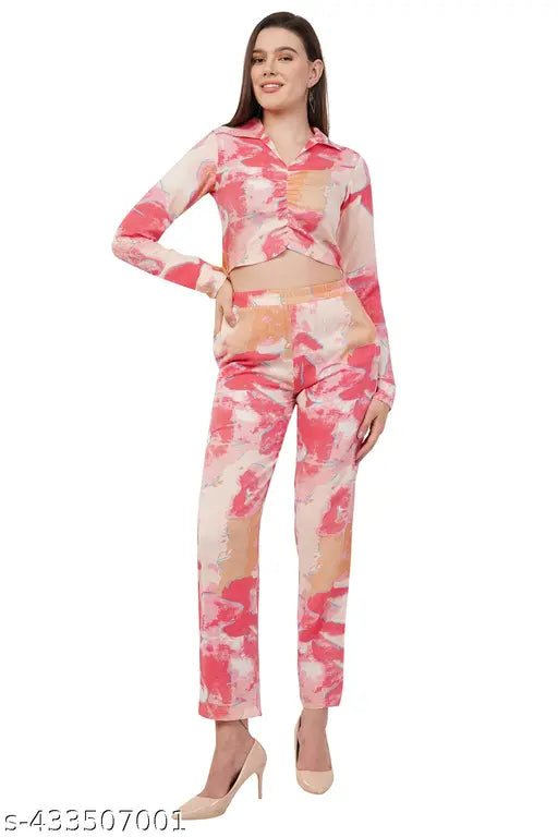 Avyola Women Stylish Cotton Blend Korean Abstract Printed Waist Tie-Up Regular Top and  Bottom Co-ord Set  With Front Pockets  For Beach And Summer Occasions Casual And Party Wear