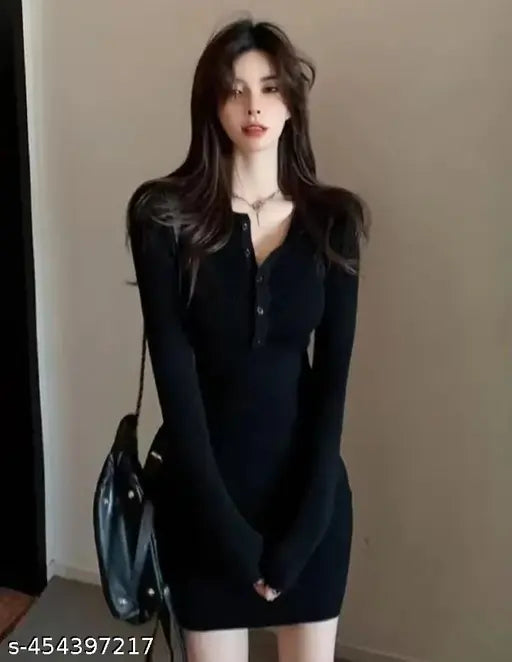 Korean sexy full sleeve hot tich botton dress