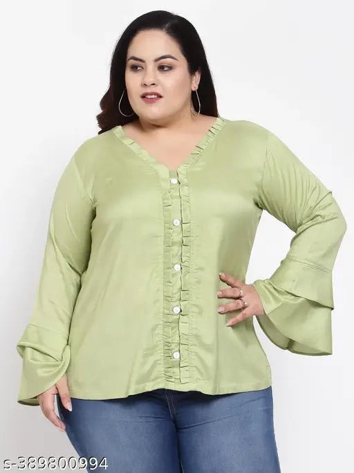 FAZZN Plus-Size Customizable Plunging Neck Full Sleeves Green Rayon Top