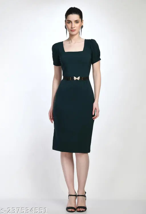Elegant Solid Belted Sheath Dress