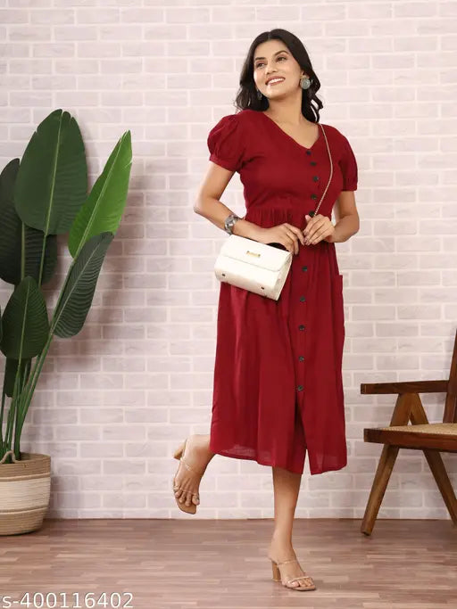 Comfy A Line Cotton Dress For Summers Women's Puff Sleeve Kurta For Women (Maroon)