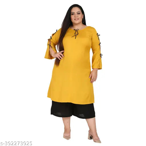 FAZZN Plus Size Yellow Rayon Straight Round Neck Solid Kurti