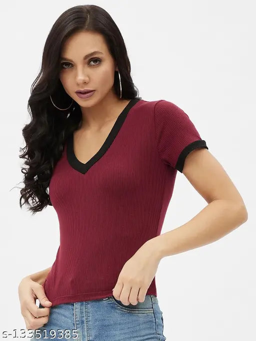 V-Neck Contrast Half Sleeve Ribbed Tops & Tunics