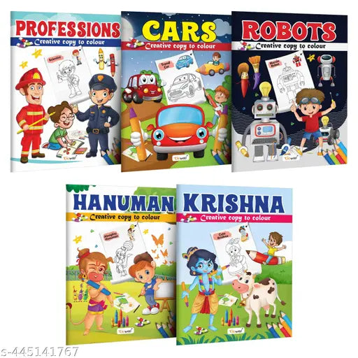 Professions  Cars  Robot  Hanuman and Krishna - Creative Copy to Colour book : Kids Art and Colouring Book  Easy Coloring Book for Young Learners  Copy colouring book for Ages 3-12 - Pack of 5 Copy Colouring books