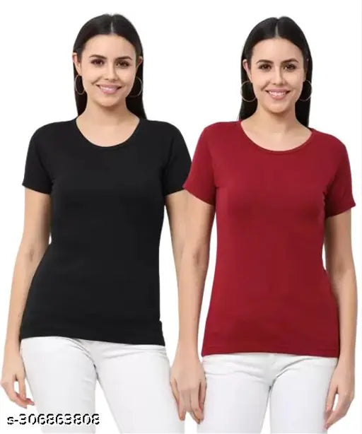 Women's Solid Round Neck Half Sleeve Combo T-shirts - Women's Combo T-shirts Pack of 2 Tshirts 