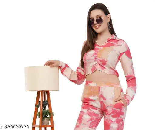 Avyola  Women Cotton Blend Korean Abstract  Printed Waist Tie Up  Regular Top For Causal And Party Wear pink top