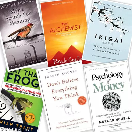 Sets of 5 Books + 1 book free - Man's Search For Meaning + The Alchemist + Ikigai  + Eat That Frog +  Don't Believe Everything You Think +  The Psychology Of Money(free) + Paperback