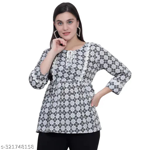 Nature Craft White Poly Crepe Checked Printed  Women Tops